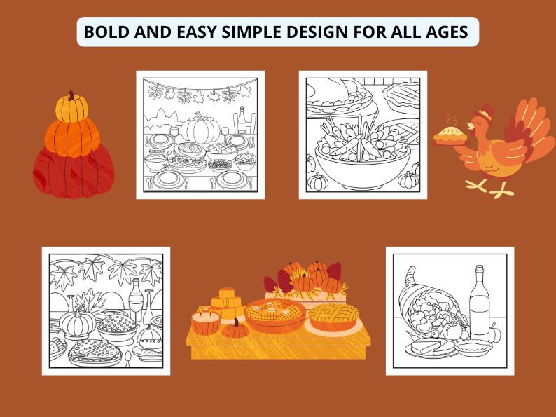 Thanksgiving Coloring Book: Bold and Easy Simple Design For all ages (Perfect for Stress Relief)