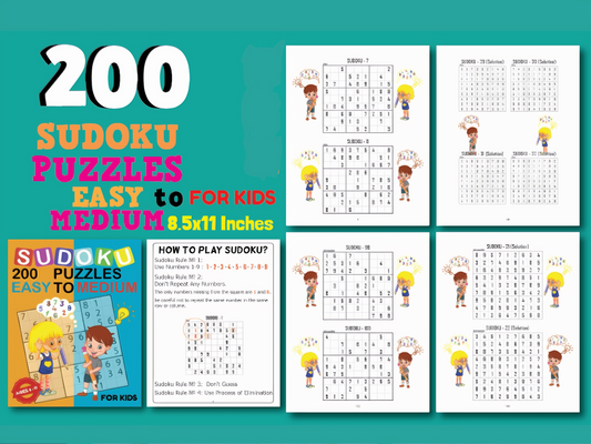 Fun & Easy Sudoku for Kids: Exciting Challenges from Easy to Medium Ages 6-12, 200 Sudoku 9x9 and solutions.