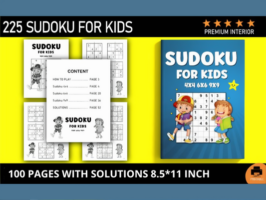 Brain Boosting Sudoku for Kids: Fun and Easy Puzzles to Sharpen Young Minds to Build Logic and Have Fun, A collection of 225 Sudoku with full solutions, featuring simple 4x4, 6x6, 9x9 grids.